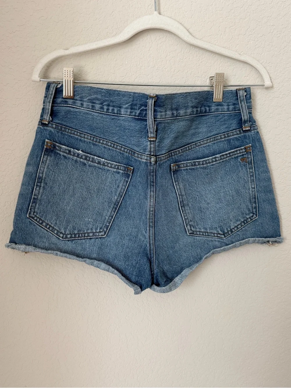 Madewell Blue Distressed High-Rise Denim Shorts raw hem - button fly
